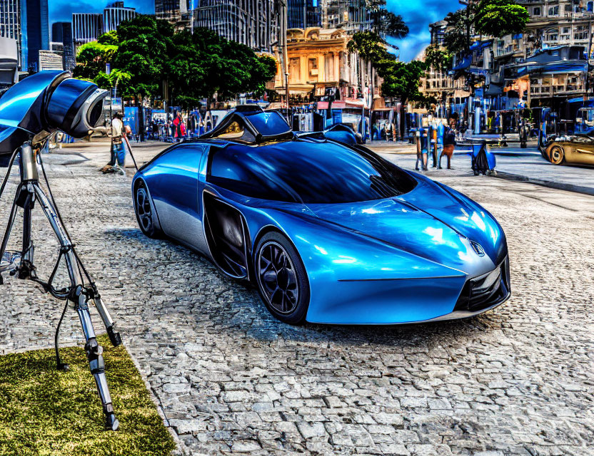 Futuristic blue sports car in urban square with telescope and bystanders