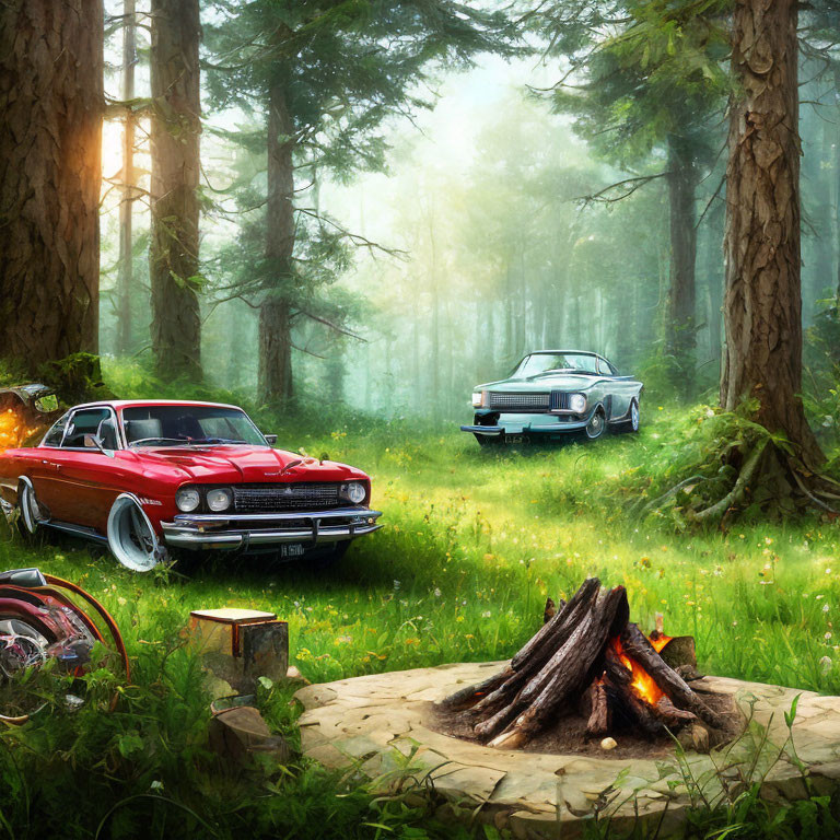 Vintage cars parked in serene forest setting with glowing campfire and sunlight.