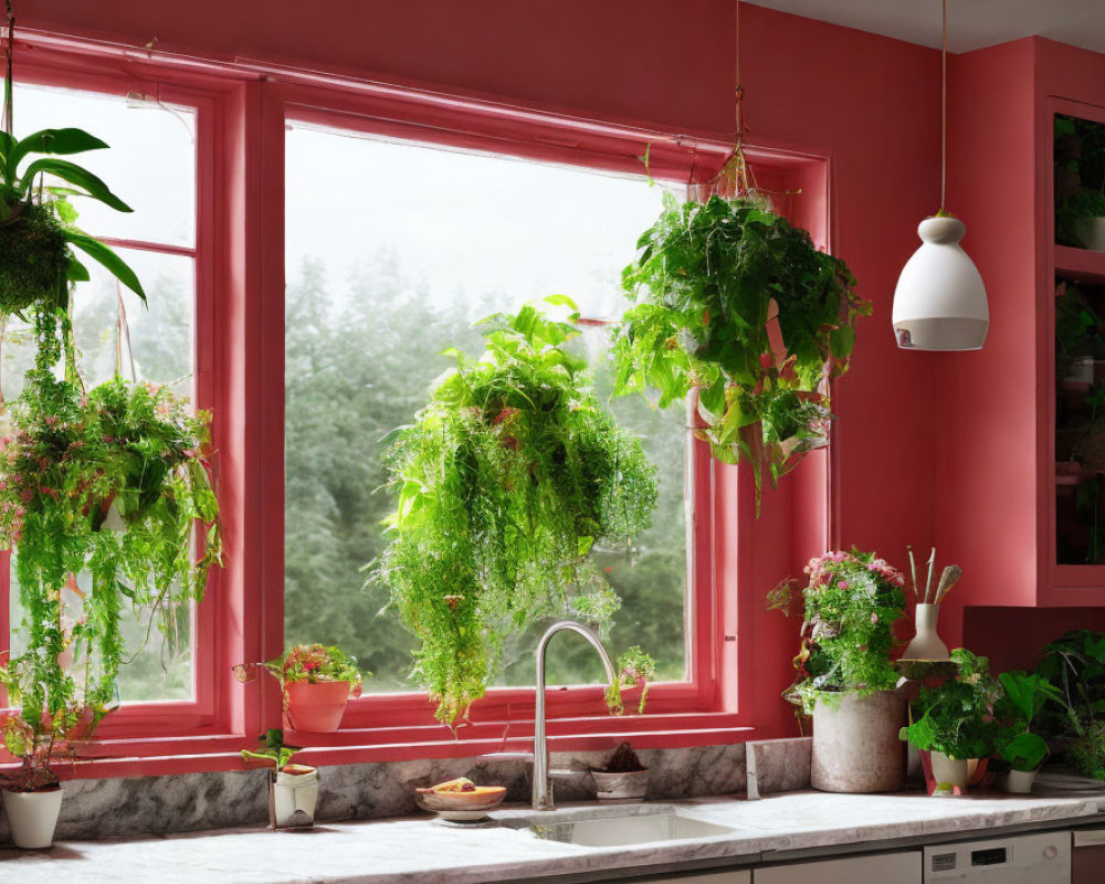 Kitchen corner with large red-framed window and indoor plants