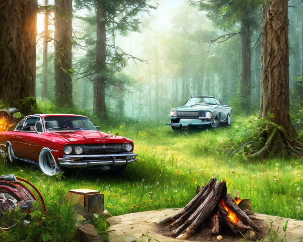 Vintage cars parked in serene forest setting with glowing campfire and sunlight.