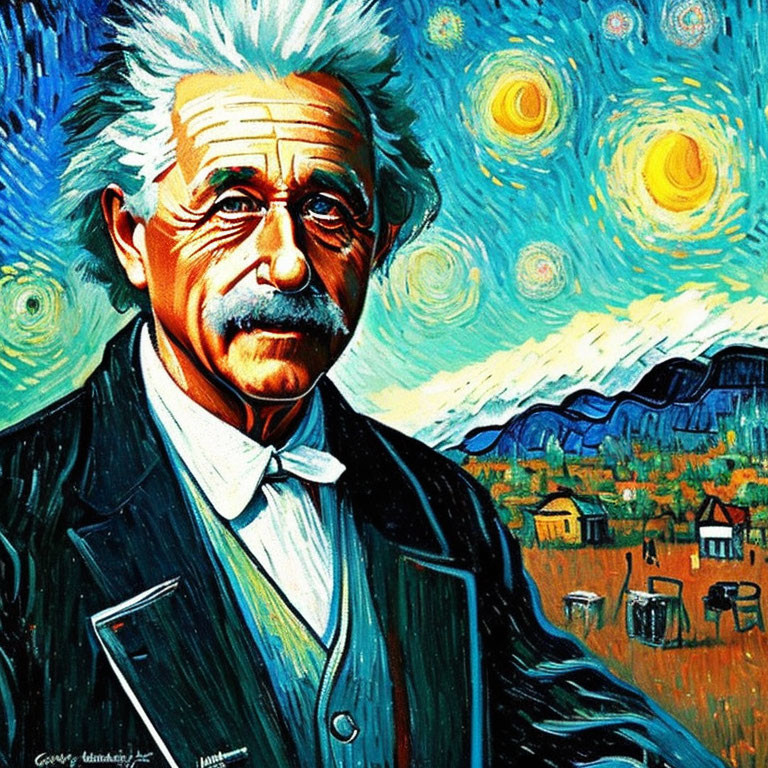 Man with white hair and mustache in Starry Night-inspired portrait