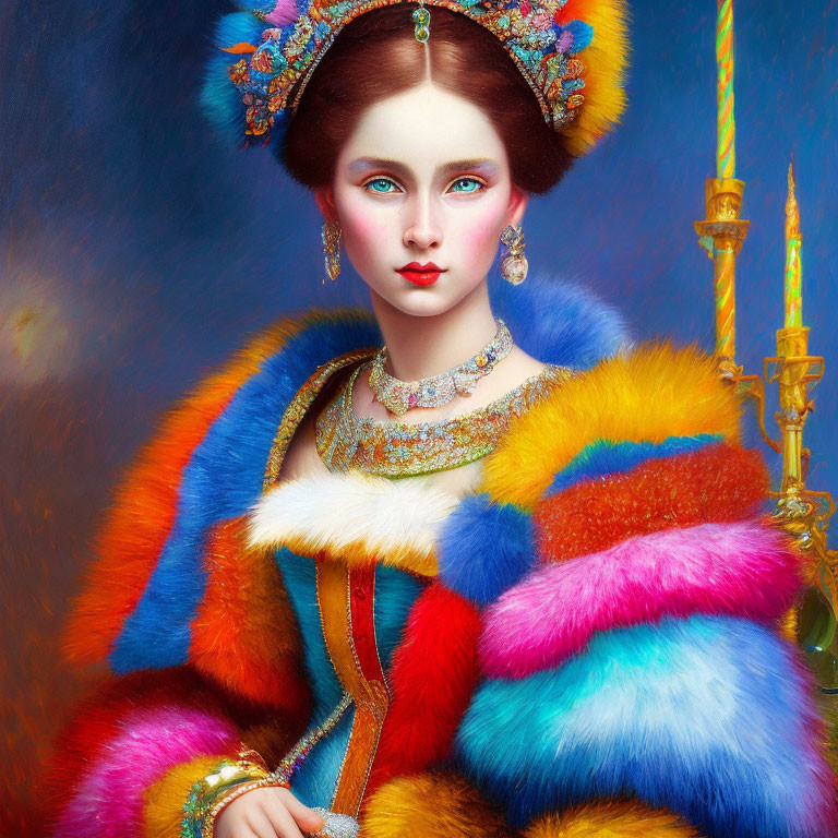 Portrait of Woman with Striking Green Eyes and Multicolored Fur Coat
