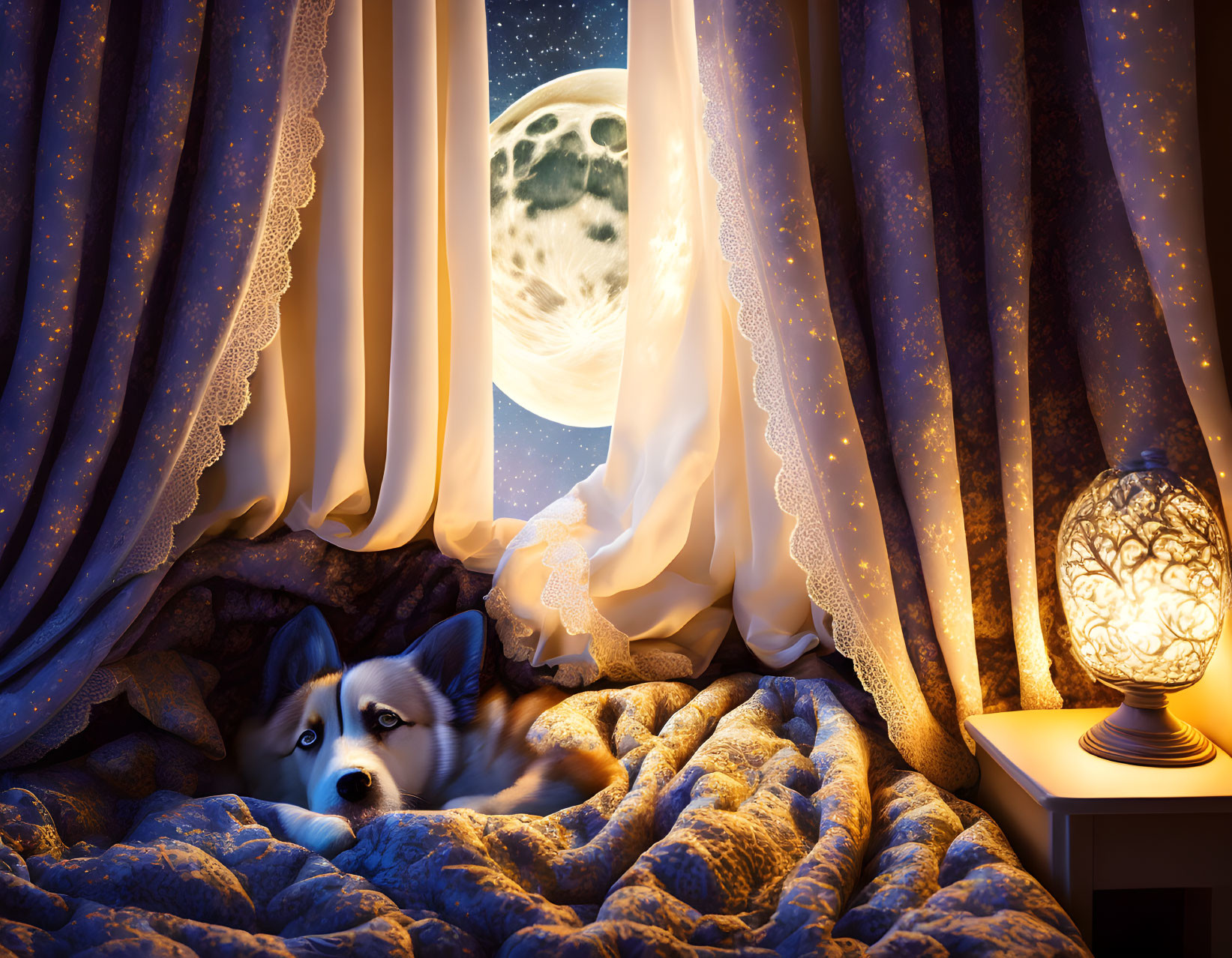 Husky dog on cozy bed by window with full moon view.