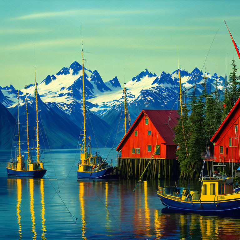 Scenic view of fishing boats, red houses, and snow-capped mountains