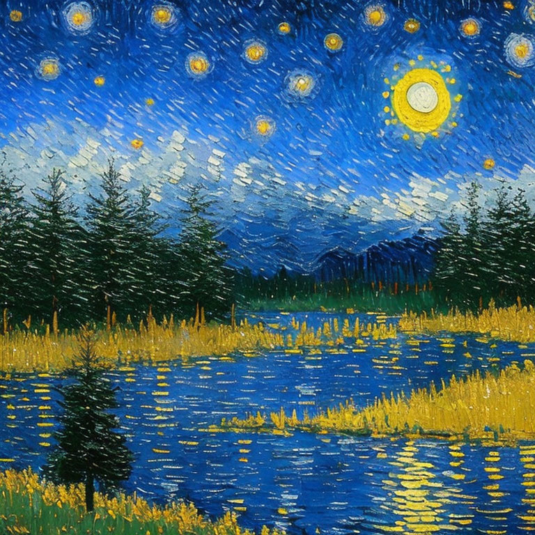 Bright moon illuminates starry night sky over reflective river, trees, and mountains.