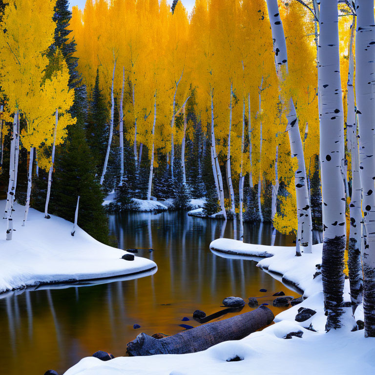 Snow-covered Riverbank with Yellow Aspen Trees and Evergreen Forest