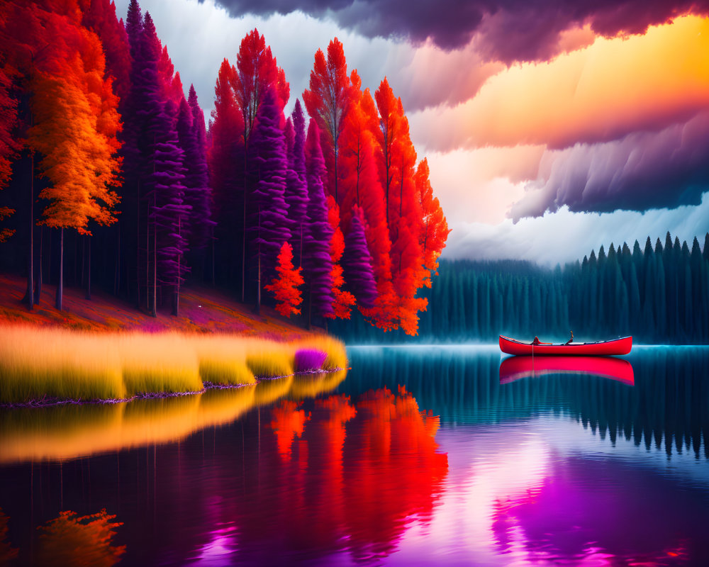 Digital Artwork: Serene Lake & Autumn Forest Canoeing