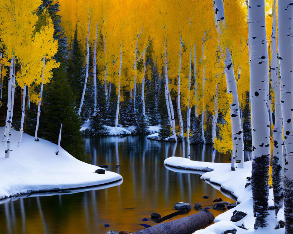 Snow-covered Riverbank with Yellow Aspen Trees and Evergreen Forest