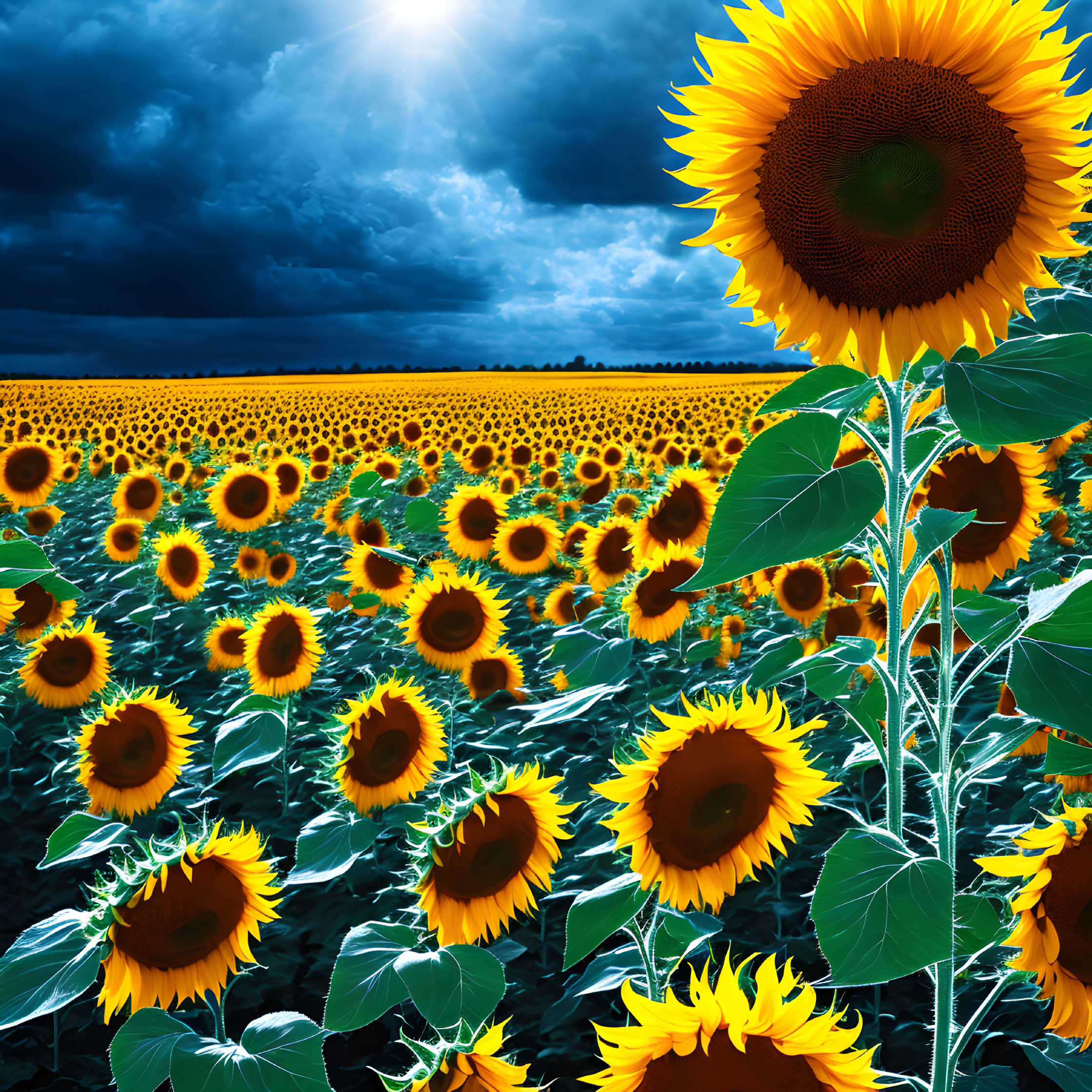 Sunflowers field under dramatic cloudy sky with sun peeking through
