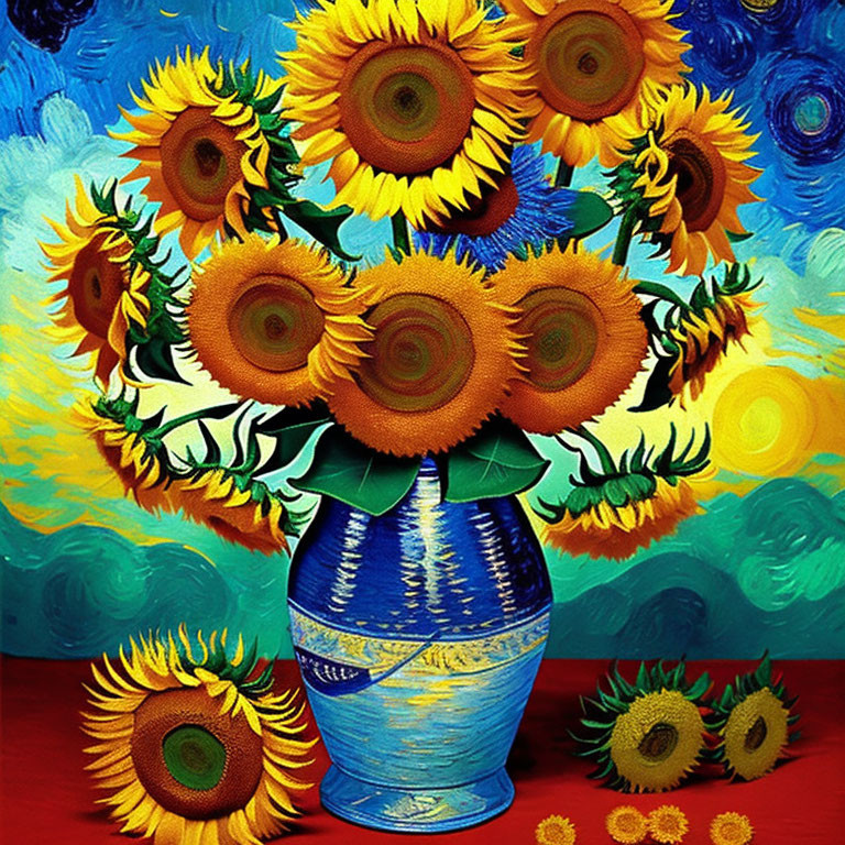 Colorful sunflowers in blue vase on vibrant background.