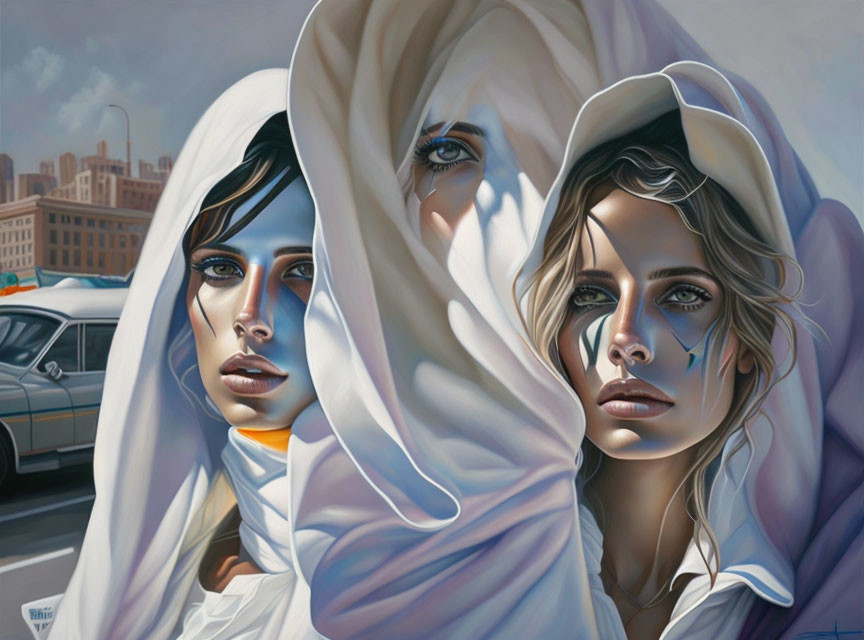 Three women with striking eyes and ethereal expressions under translucent fabric in urban setting