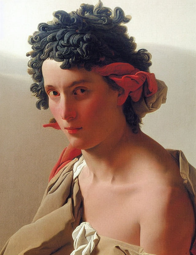Classical portrait of person with curly hair, red headband, beige garment, and red drape