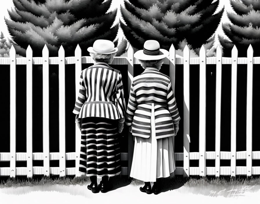 Two individuals in striped outfits by white picket fence with bushy plants.
