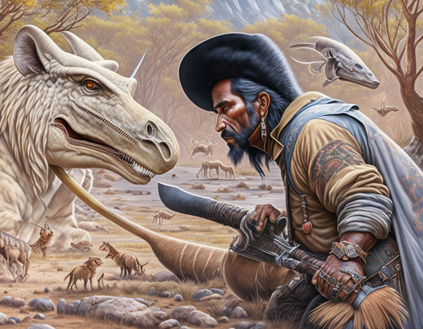 Historical man confronts dragon-like creature in ancient scene
