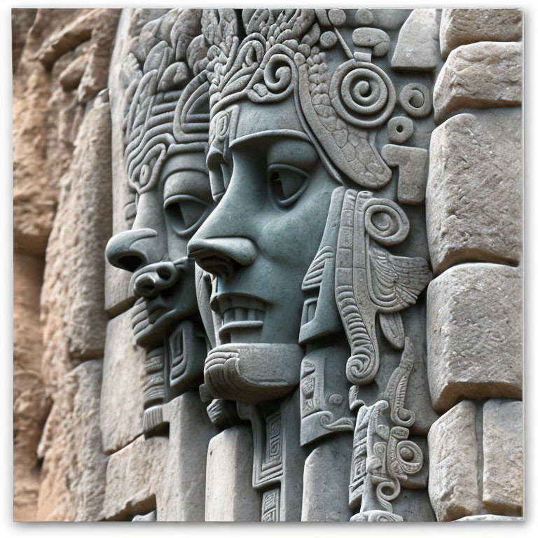 Detailed Mayan Deity Stone Carving with Elaborate Headdress