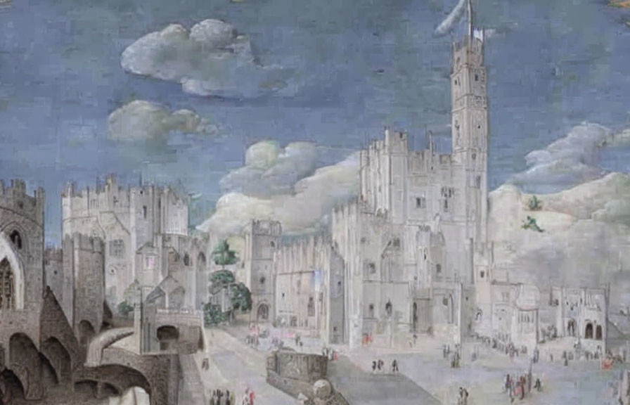 Medieval cityscape with white stone walls and central tower bustling with tiny figures.