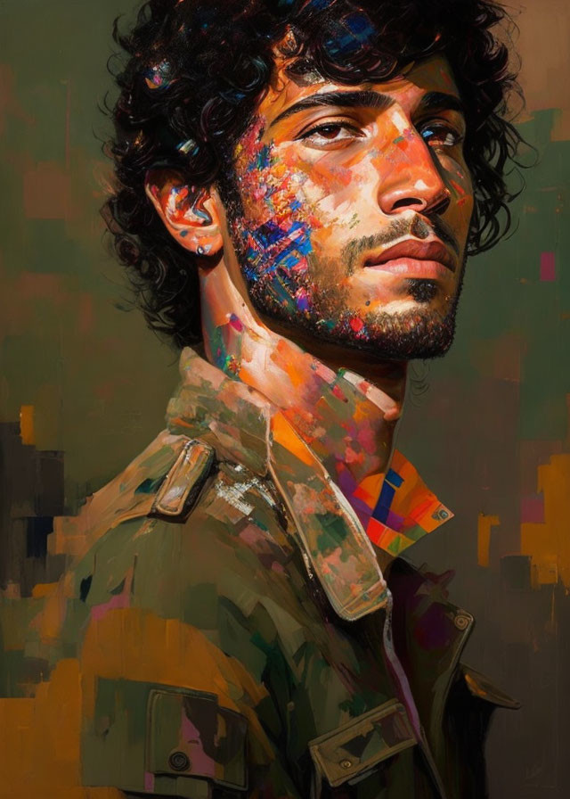 Pensive man painting with vibrant smudges on face and shirt