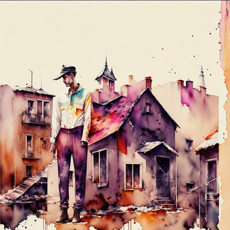 Whimsical watercolor illustration of large figure and colorful houses