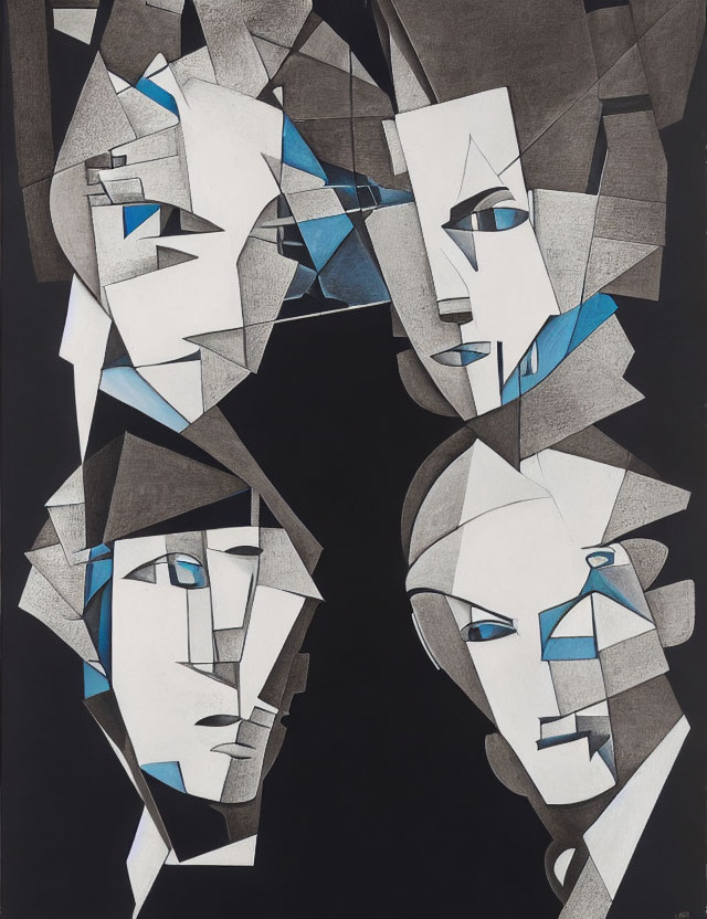 Abstract Cubist-Style Painting of Overlapping Faces in Monochromatic Tones