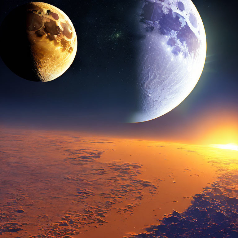 Celestial bodies over rugged alien landscape with bright horizon
