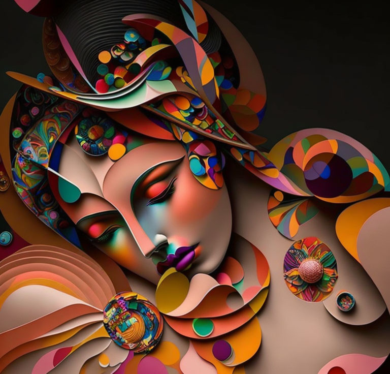 Colorful Stylized Female Figure with Swirl Patterns in Digital Art