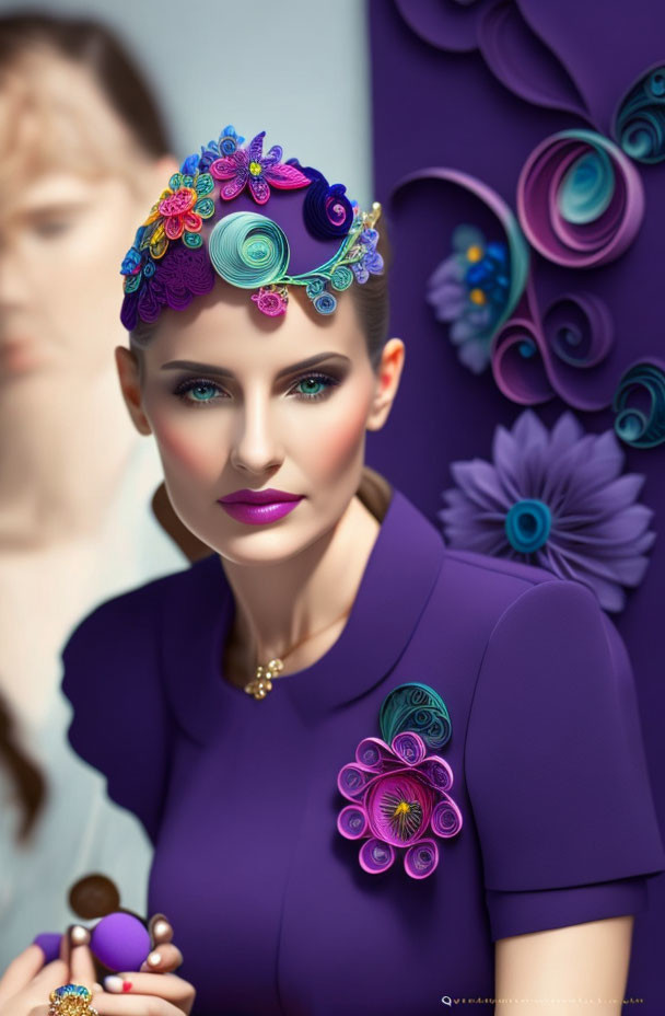 Woman in violet dress with paper flower art, holding makeup item