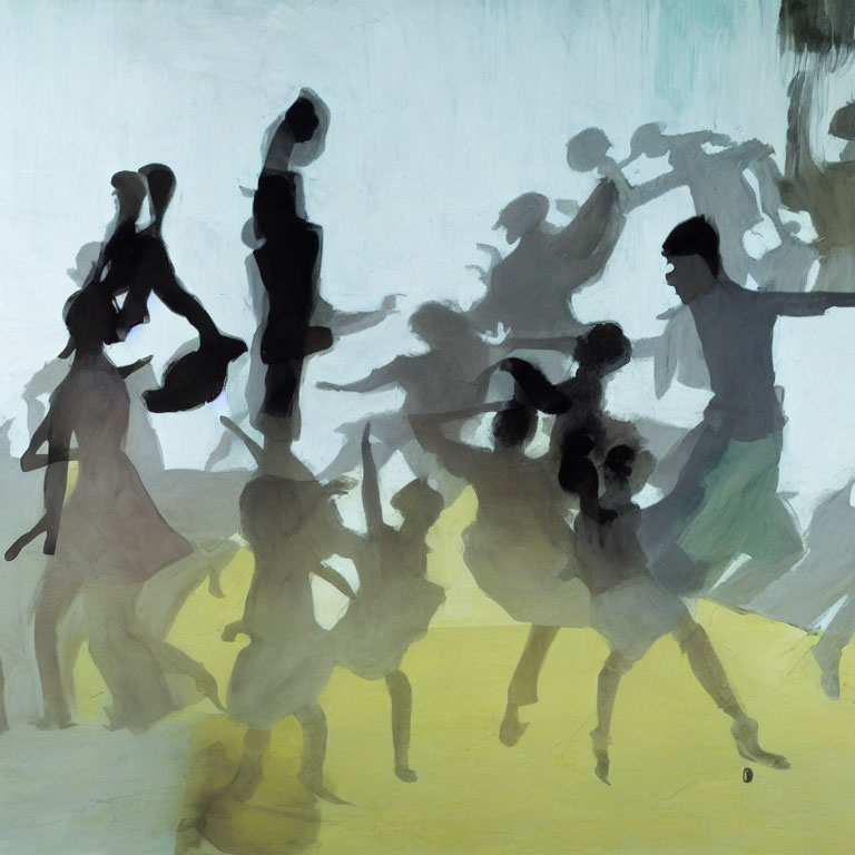 Blurred abstract painting of energetic group in muted colors