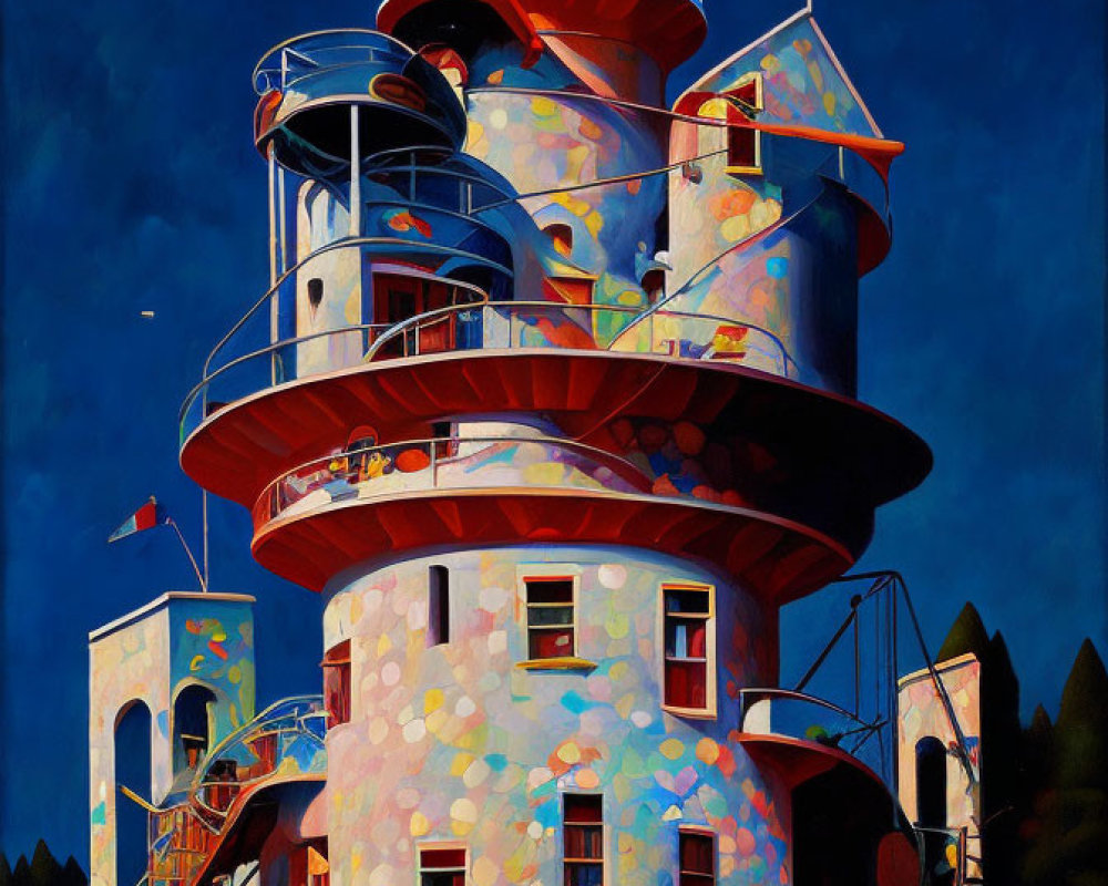 Whimsical lighthouse painting with golden dome and balconies