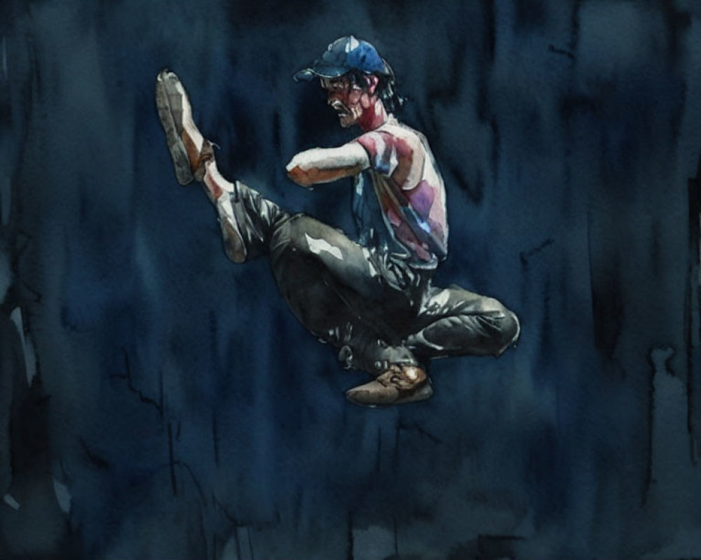 Dynamic Pose Person Watercolor Painting with Cap and T-Shirt