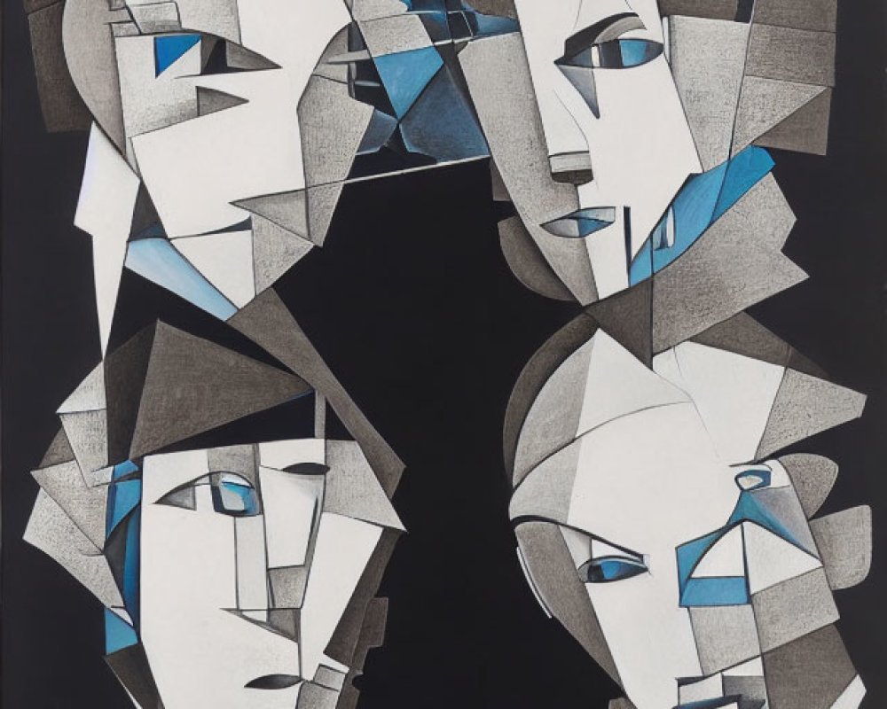 Abstract Cubist-Style Painting of Overlapping Faces in Monochromatic Tones
