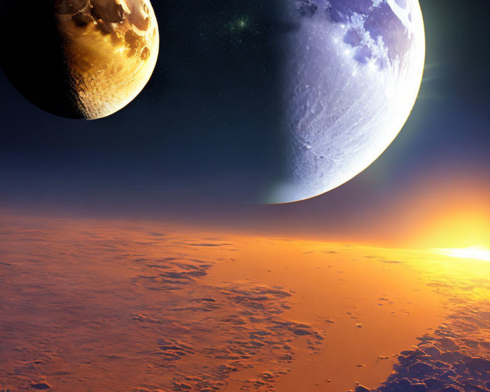 Celestial bodies over rugged alien landscape with bright horizon
