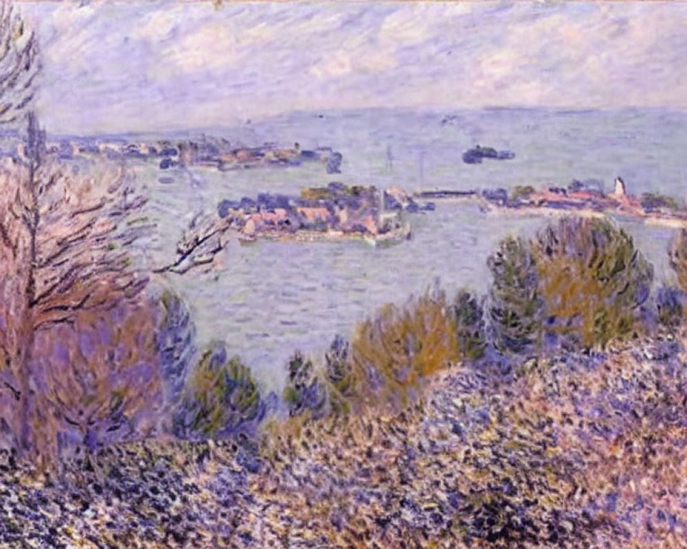 Serene Impressionist Riverscape with Trees and Pastel Sky