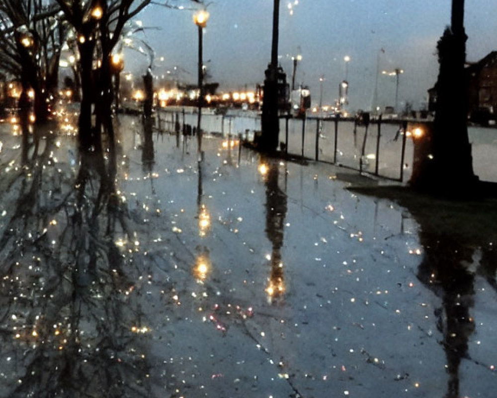 Dusk scene of rain-soaked promenade with glistening pavement