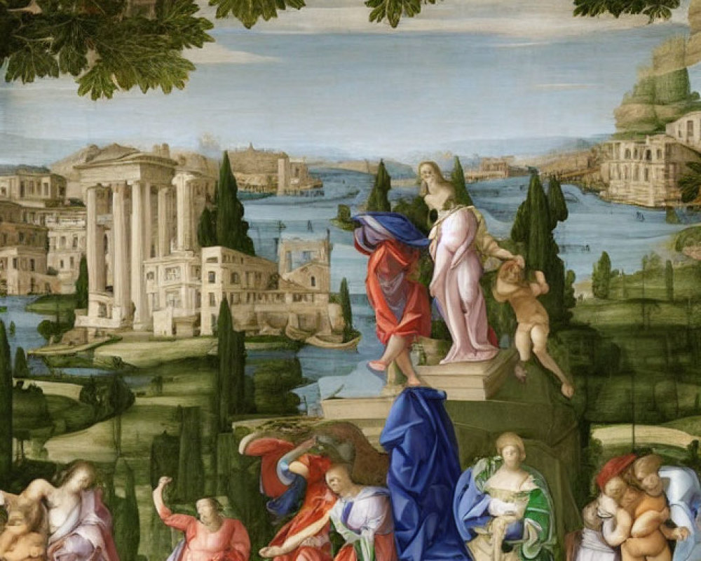 Group of robed figures in classical painting with ancient ruins and river