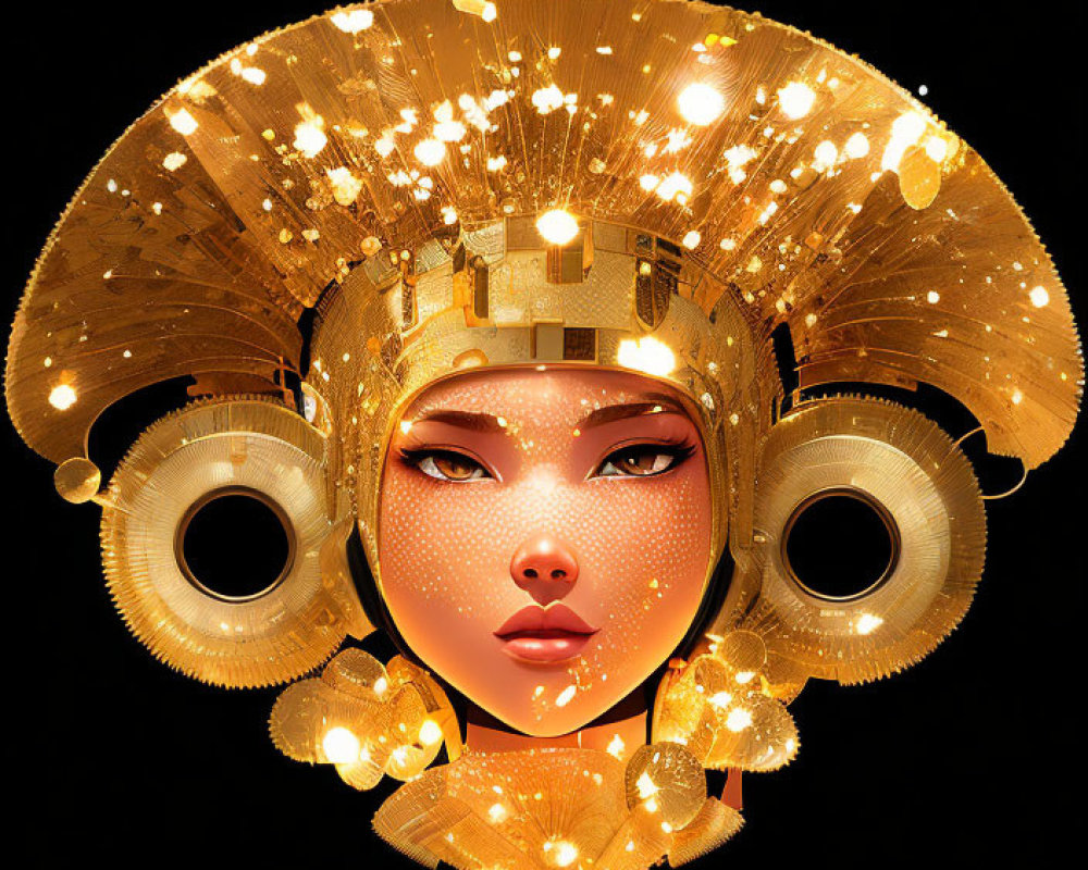 Stylized female figure with golden headdress and headphones on dark background