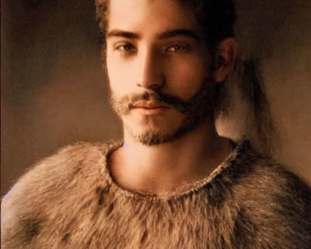 Bearded man in fur garment with vintage backdrop