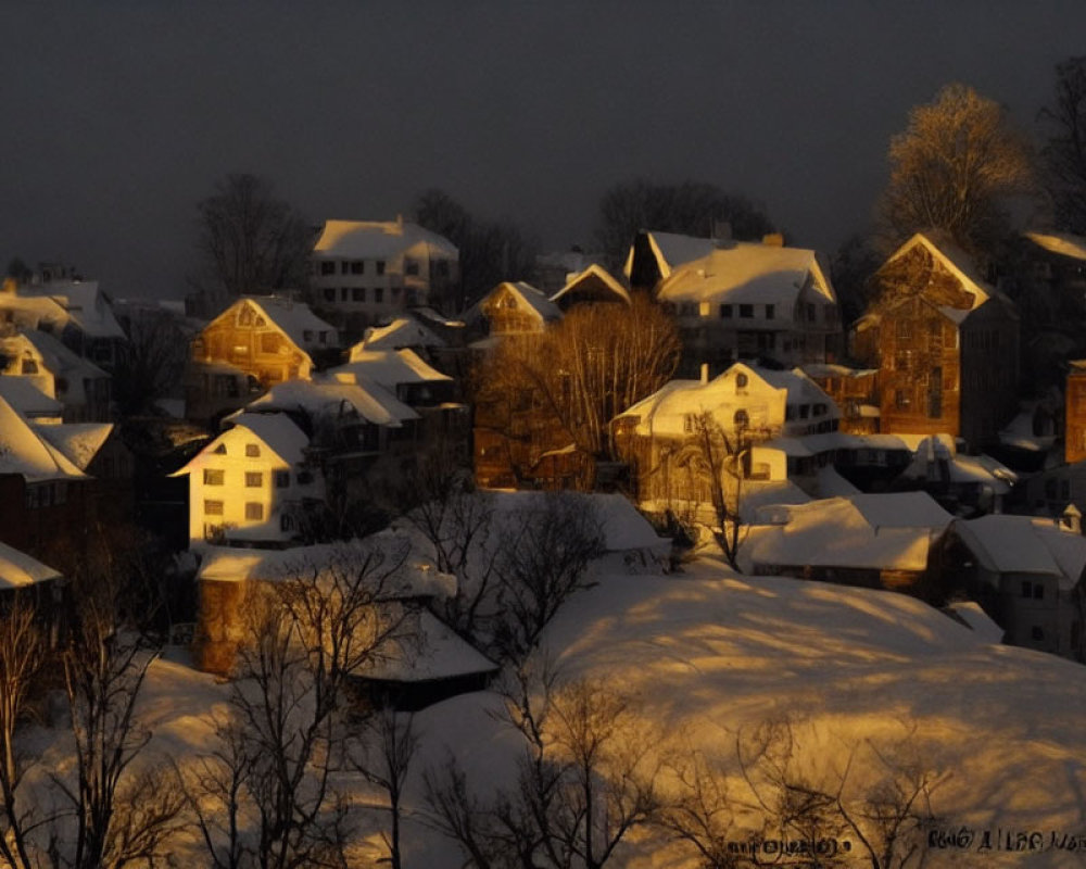 Snow-covered neighborhood with warm twilight glow and bare trees.