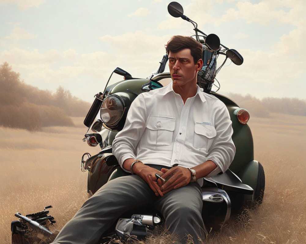 Man in white shirt sitting by classic scooter in tall grass.