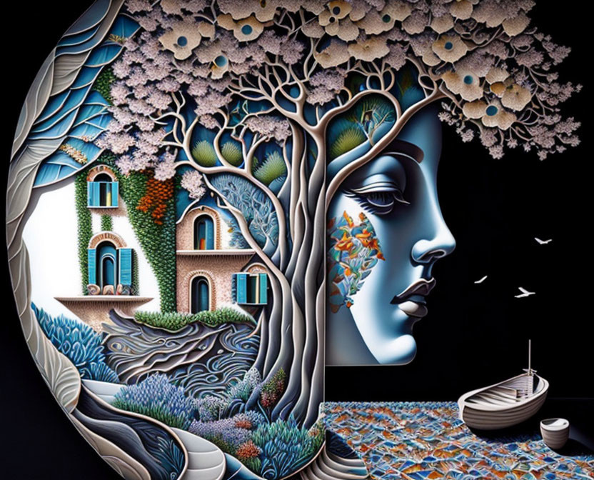 Surrealist artwork of woman's profile with landscape elements