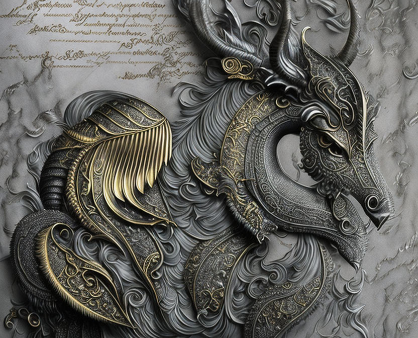 Intricately Designed Metallic Dragon Sculpture on Ornate Script Background