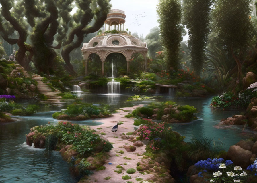 Tranquil Fantasy Garden with Pavilion, Trees, Flowers, Waterfalls, and Pond