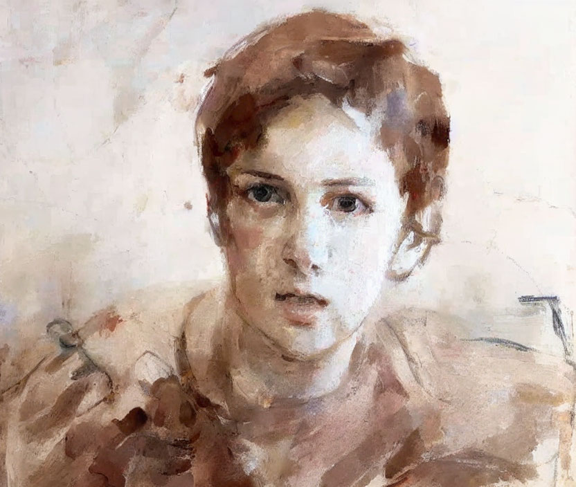 Young Person Portrait with Short Hair and Introspective Gaze, Soft Brush Strokes, Muted