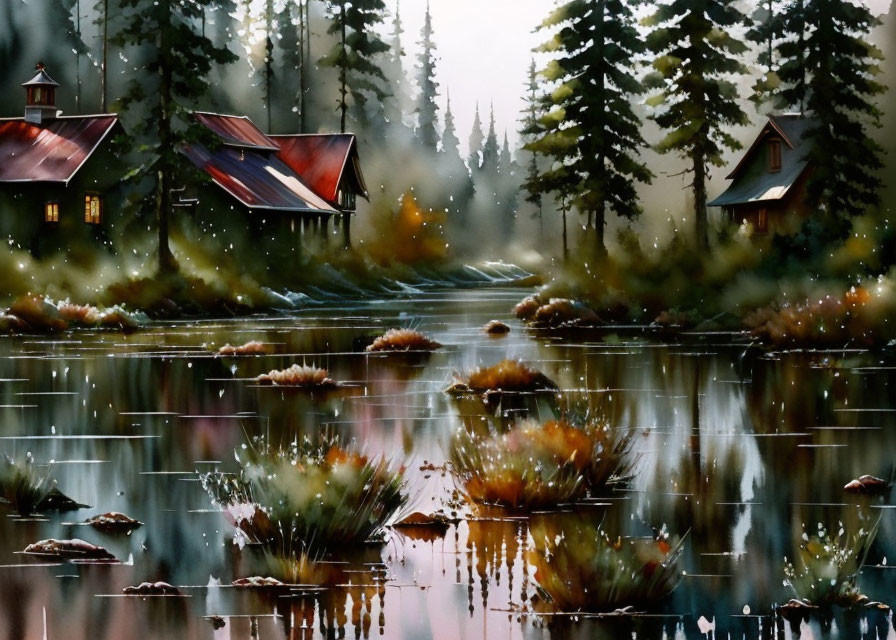 Serene lakeside scene with cozy cabins, evergreen trees, calm water, floating vegetation, and