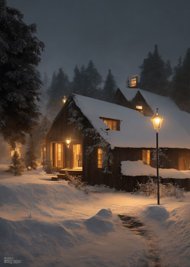 Snow-covered cabin beside glowing street lamp in serene snowfall night.