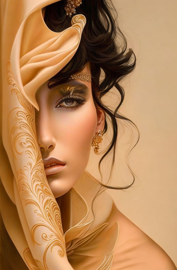 Digital portrait of woman with gold accents and dark hair