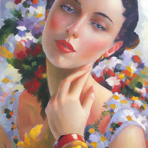 Serene woman portrait with colorful flowers and red bracelet