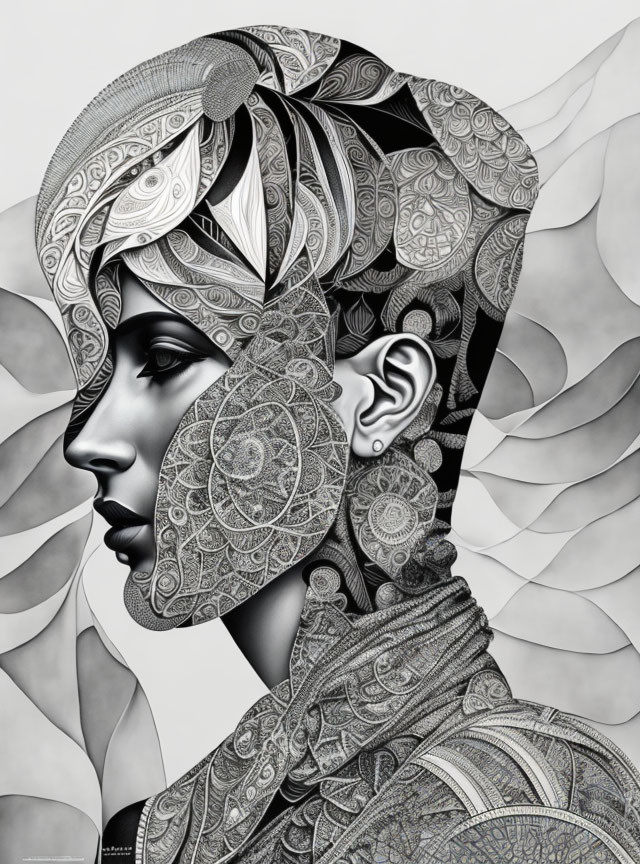 Monochrome profile illustration of woman with ornate headwear and attire