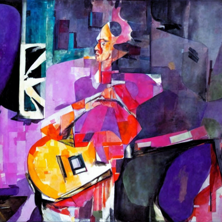 Colorful abstract painting of figure with guitar in geometric shapes and vibrant hues