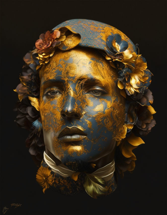 Golden ornate bust with floral adornments on dark background