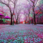 Colorful umbrellas in vibrant street scene with falling confetti and pink blossoming trees on wet pavement